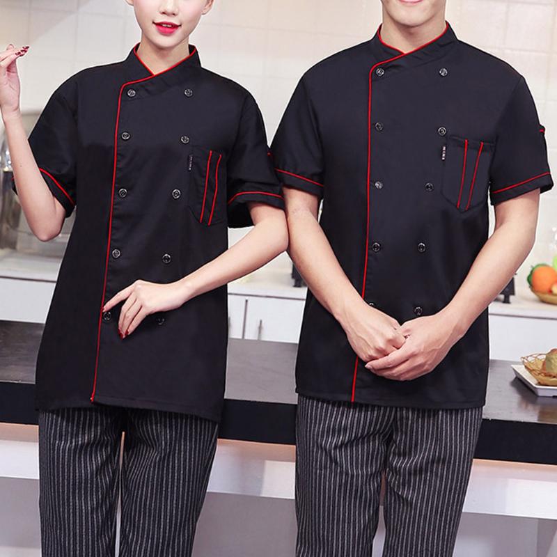 Men Short Sleeve Stand Collar Double-breasted Chef Waiter Uniform Loose 2020 New Fashion Cloth