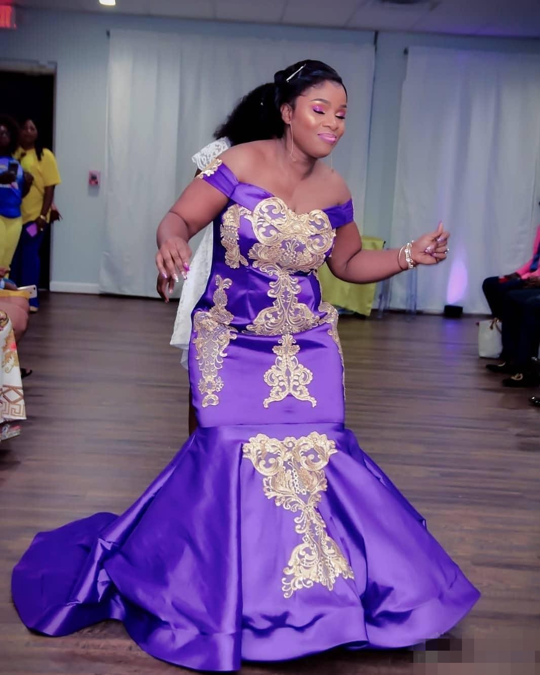 Royal Purple Plus Size Prom Dresses Mermaid Satin Gold Lace Applique Embroidery Satin Sweep Train Custom Made African Evening Formal Gown