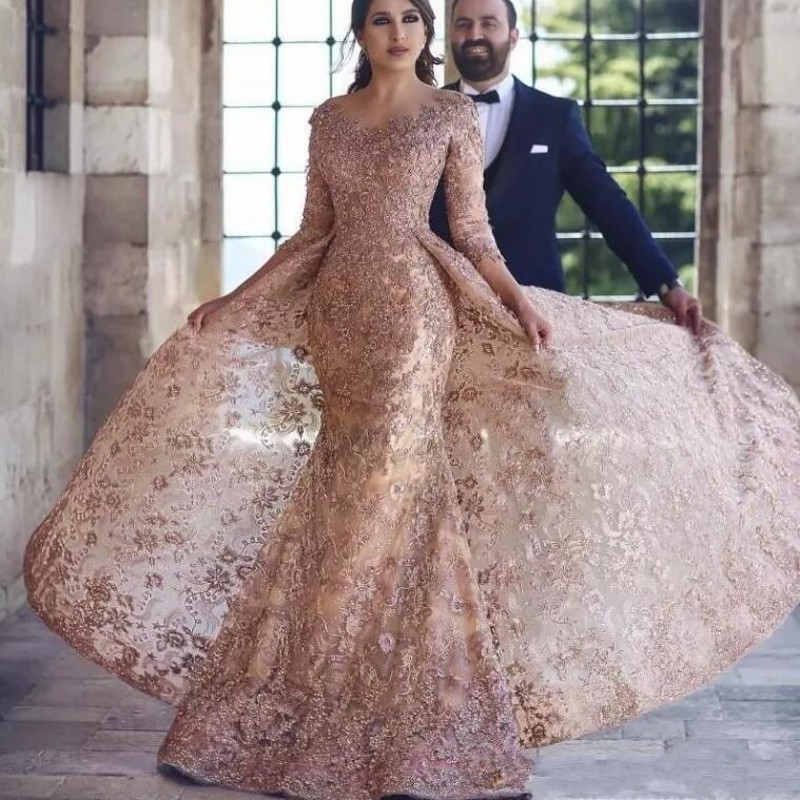 2020 Dubai Arabic Modest Mermaid Evening Dresses Wear Long Sleeves Full Lace Appliques Crystal Formal Party Gowns Prom Dress With Overskirt