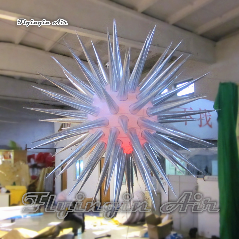 Personalized Lighting Inflatable Star Balloon 2m Silvery Hanging Air Blown Sea Urchin Model Ballon For Concert And Club Party Decoration