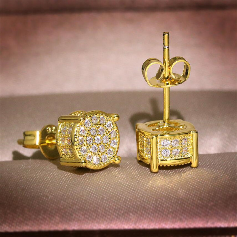 Hip Hop New Arrival Top Sell Vintage Jewelry 925 Sterling Silver&Gold Fill Pave White Sapphire CZ Diamond Party Women Stud Earring Gift