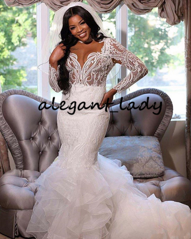 Plus Size Mermaid Wedding Dresses with Long Sleeve 2020 High Neck Cascading Ruffles African Arabic Lace Applique Trumpet Wedding Gown