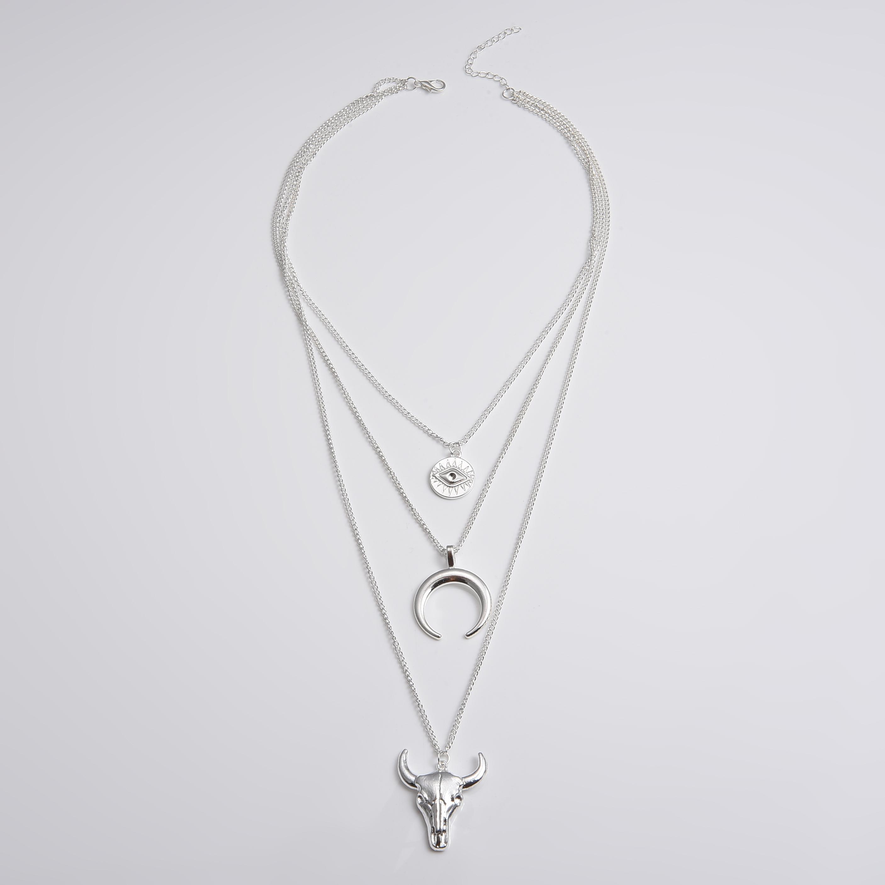 3pcs/set Women Long Sweater Chain Animal Cow Head Pendant Necklace Alloy Eye Horn Multilayer Necklace Jewelry Gift for Girls