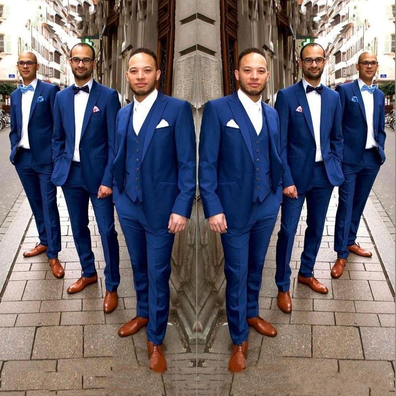 Latest Design One Button Blue Wedding Men Suits Peak Lapel Three Pieces Business Groom Tuxedos (Jacket+Pants+Vest+Tie) W1107