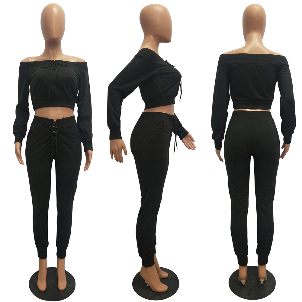 Tsuretobe Bandage 2 Piece Set Women Off Shoulder Pullovers Top And Lace Up Pants Suits Fall Causal Outfits Matching Sets Female