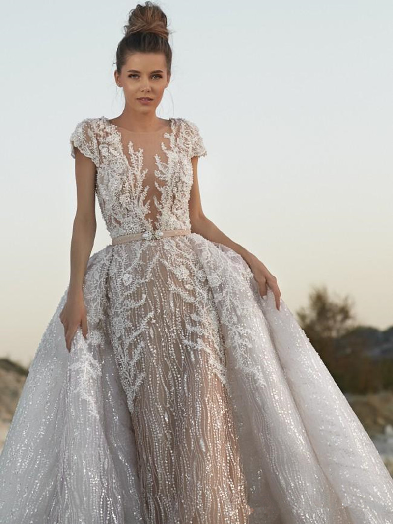 2024 Gorgeous Sequins Mermaid Wedding Dresses With Detachable Overskirts Lace Appliqued Vestidos De Novia Plus Size Country Bridal Gowns 87