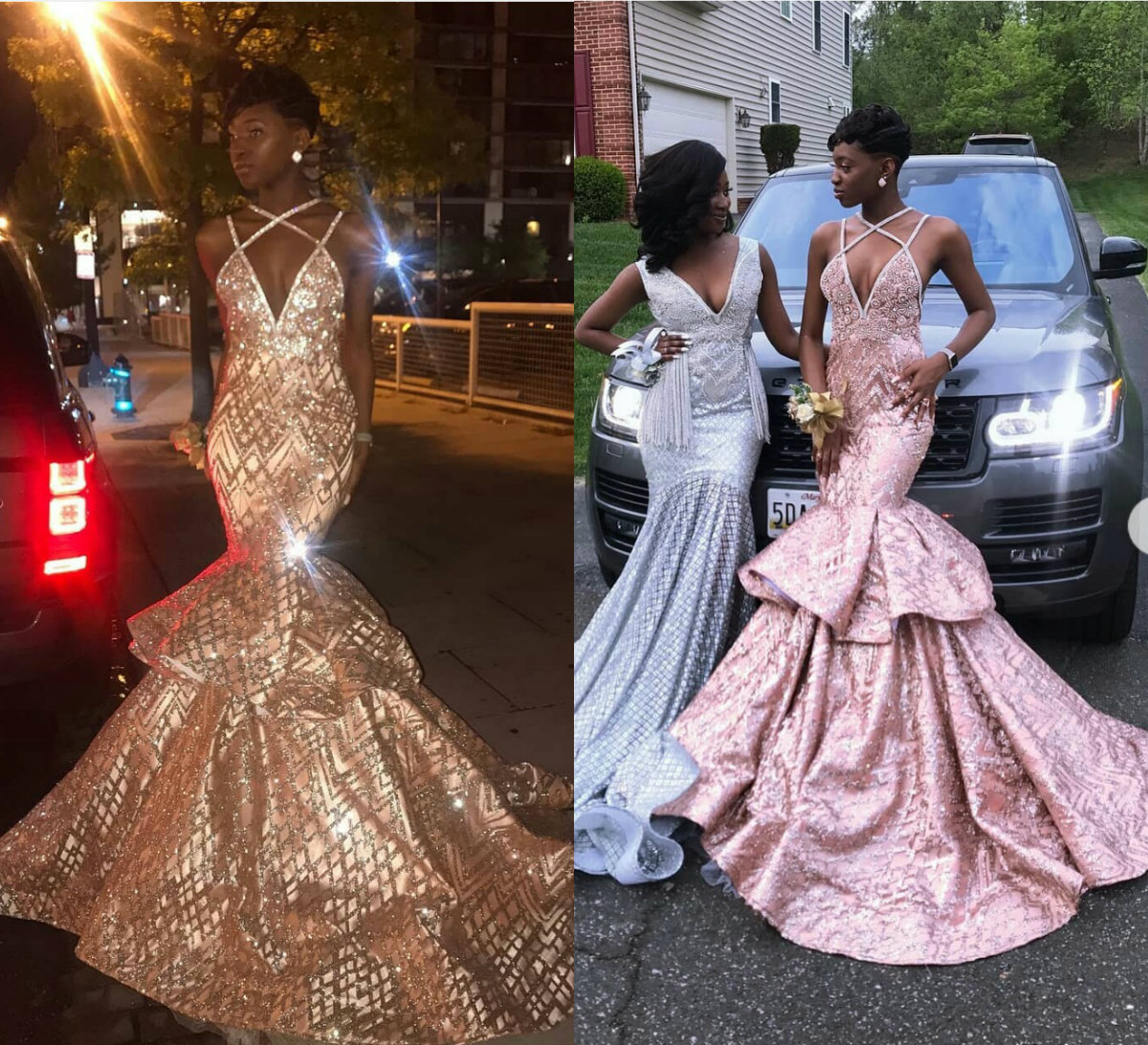 2019 Pink Mermaid Prom Dresses New Spaghetti Lace Glitter Beaded Sparkle Evening Gowns Tiered Skirts Black Girl robes de soirée