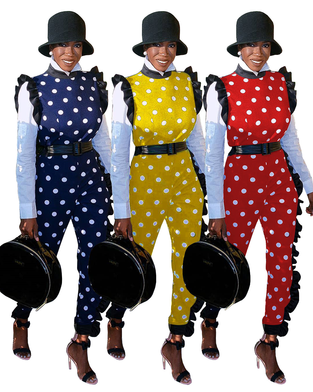 Jumpsuits European spring and summer fashion spotted ruffled long-sleeved Slim street jumpsuit support mixed batch