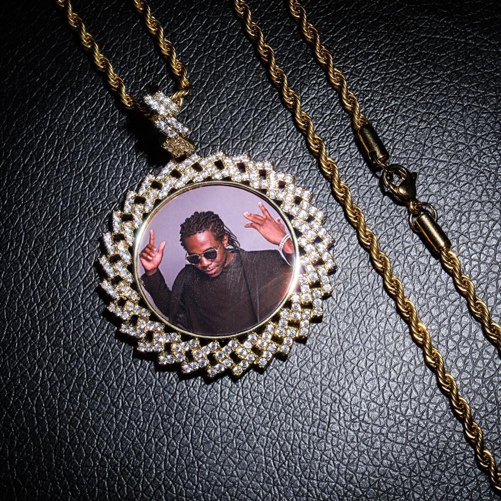 GUCY New Custom Made Photo Round Medallions Necklace & Pendant with 4MM Tennis Chain Cubic Zircon Men's Hip hop Jewelry