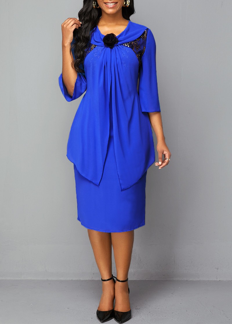 Royal Sheath Blue Mother of The Bride Dresses Satin Plus Size Applique Jewel Neck Wedding Guest Dress Long Sleeve Tea Length Evening Gowns