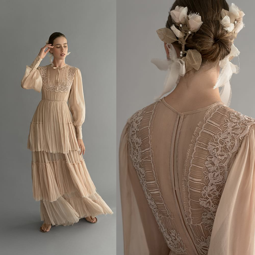 Modern A Line Chana Marelus Wedding Dresses Jewel Neck Long Sleeve Tulle Lace Applique Sash Tiers Wedding Gowns Ankle Length robe de mariée