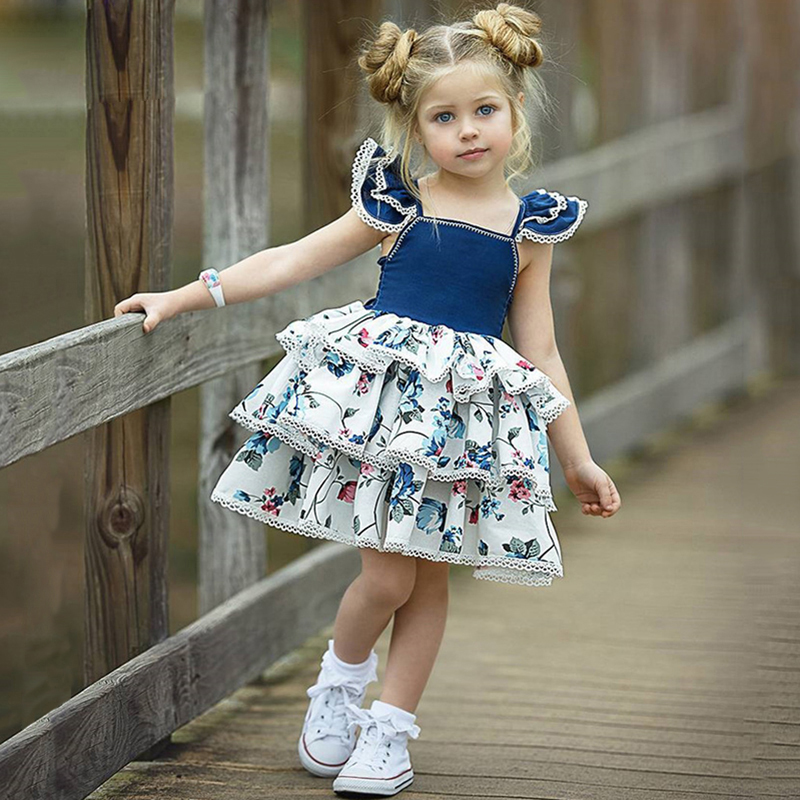 Girls Dress New Summer Casual Style Sweet Short Sleeve Floral Print Square Collar Design for Girls Clothes