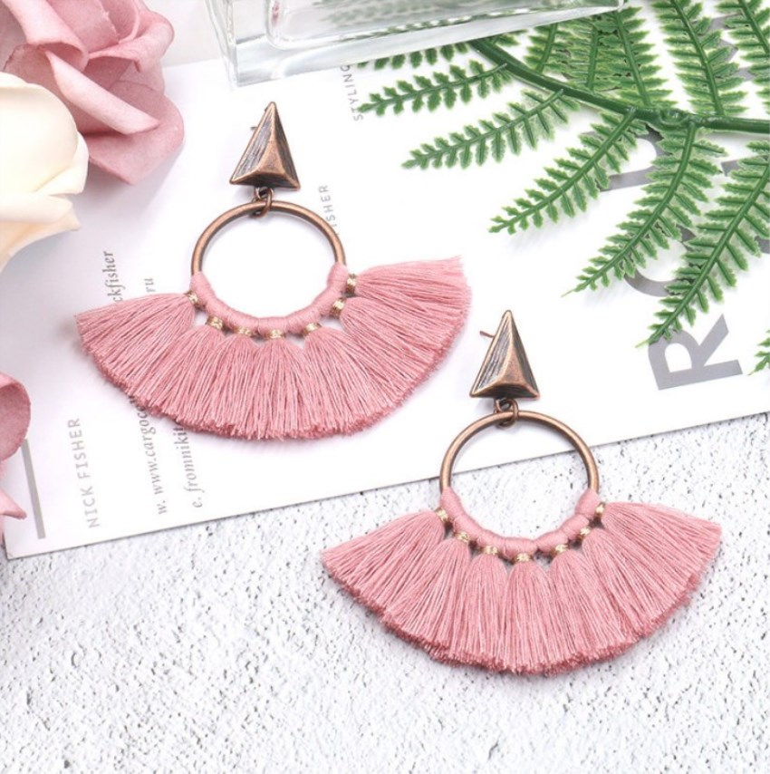Fringed round earrings bohemian fan pendant earrings fashion creative earrings female handmade fan-shaped women's daily wear, party