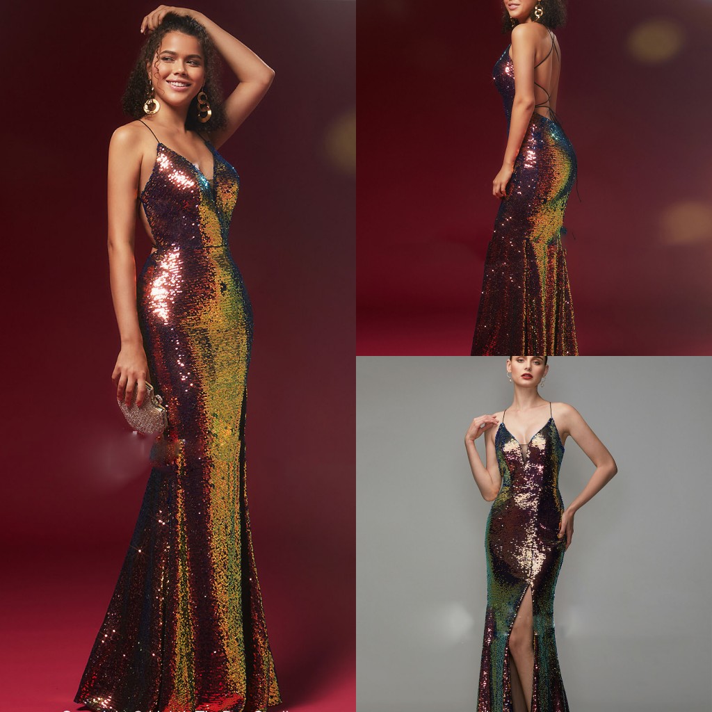 Colorful Sexy High Split Prom Dresses Spaghetti Mermaid Party Gowns Sequined Lace Up Backless Women Dress