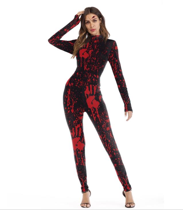 2020 Women Vintage Skeleton Rose Print Scary Costume Black Skinny Jumpsuit Bodysuit Halloween Cosplay Suit Stretchy Outfit Femme