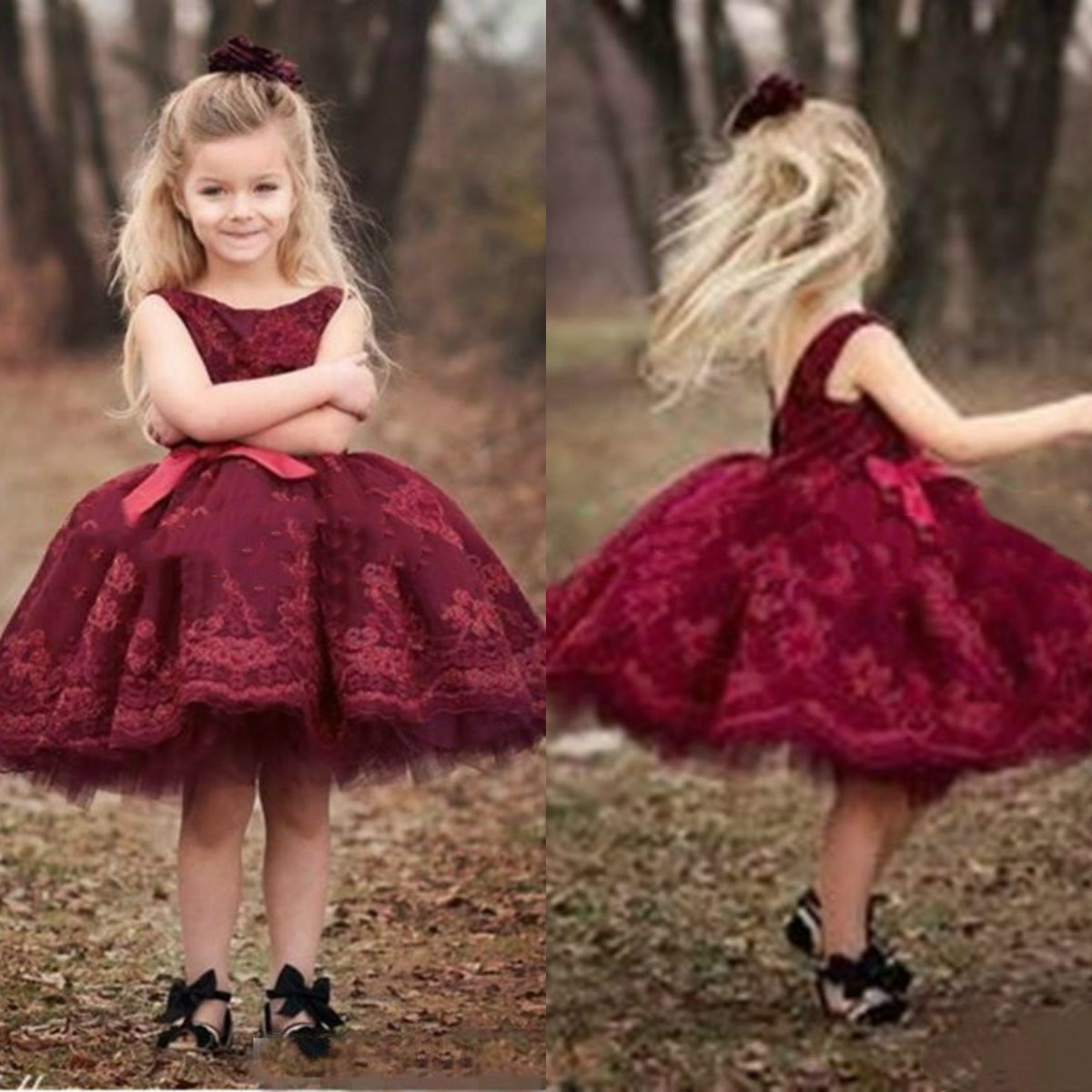 dark red flower girl dresses for weddings lace knee length puffy pageant gowns girls birthday dress