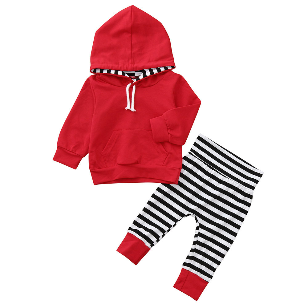 2PCS Baby Girls clothes Toddler Baby Long Sleeve Stripe Print Hooded Top Clothes+Pants Set Outfit roupa infantil costume