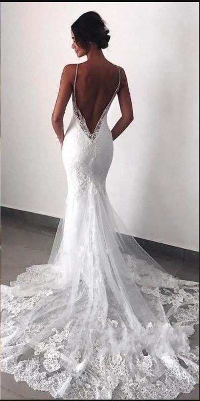 Sexy Backless Lace beach Wedding Dresses cheap 2019 beaded Spaghetti Straps Mermaid Lace Appliqued Boho Bridal Gowns robe de mariee