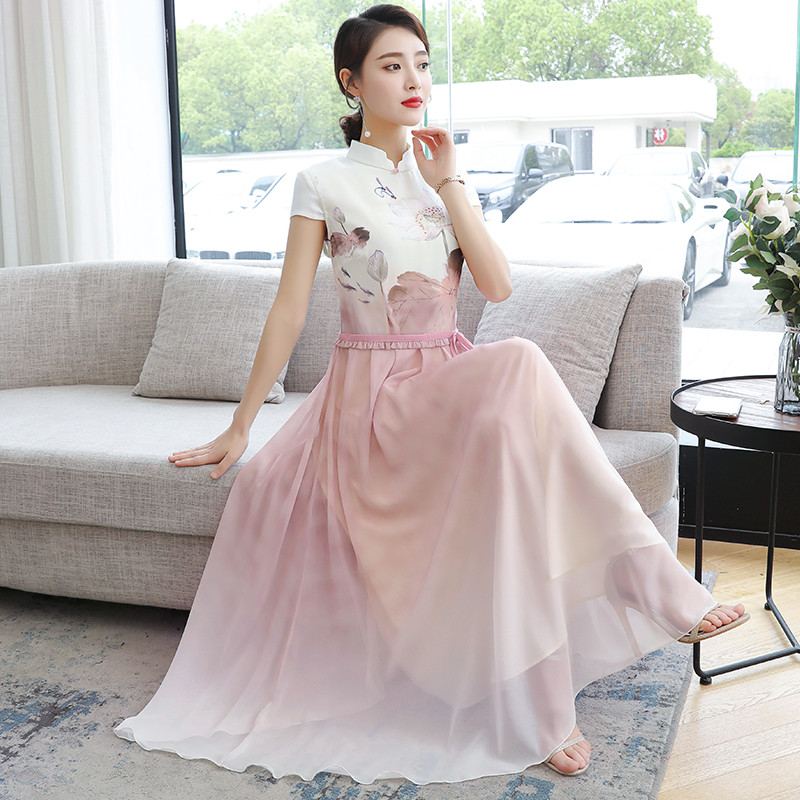 Modern Women retro pattern Printed cheongsam short Sleeve Traditional Qipao oriental gown Asia ethnic clothing elegant dress