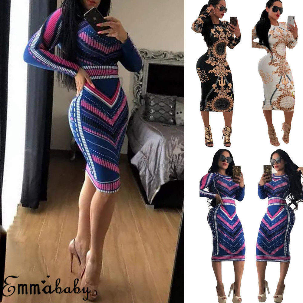 New Women Casual O-neck Print Long Sleeve Bodycon Party Long Dress Ladies Sexy Striped Clubwear Dresses