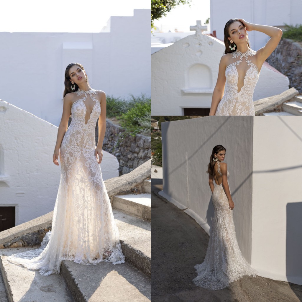 Lian Rokman Mermaid Wedding Dresses High Neck Sweep Train Lace Appliqued Beach Wedding Dress Custom Made Backless Robes De Mariée