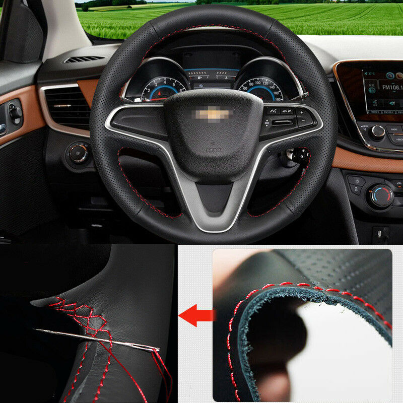 For Chevrolet Sail Steering Wheel Hand-stitch on Wrap Cover Top Black Leather