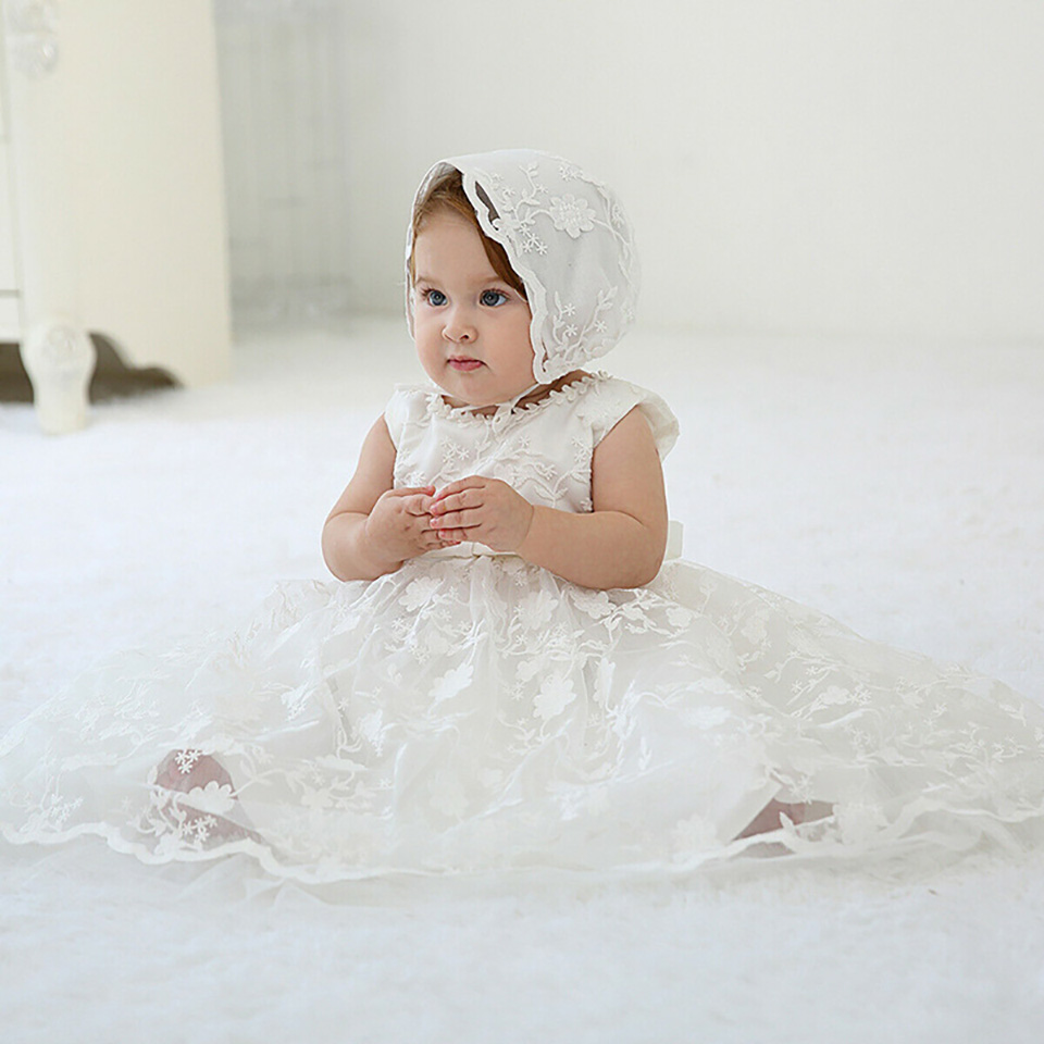 High Quality Custom Outfit Ivory White 1 Year Birthday Girl Baptism Gowns Baby Girl Lace Dress Extra Long Christening Dress