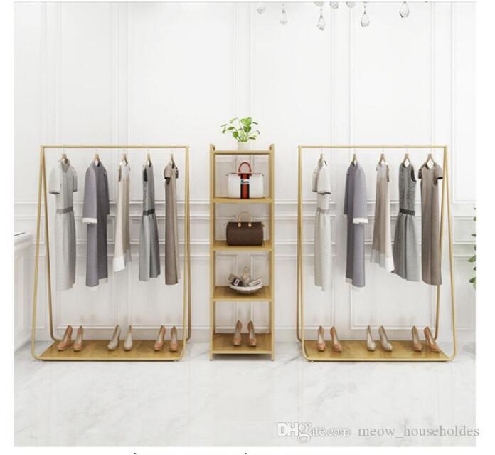 Golden custom color clothing racks Bedroom Furniture Landing coat hanger in cloth stores Iron Hat Frame rack multi-functional shoe shelf