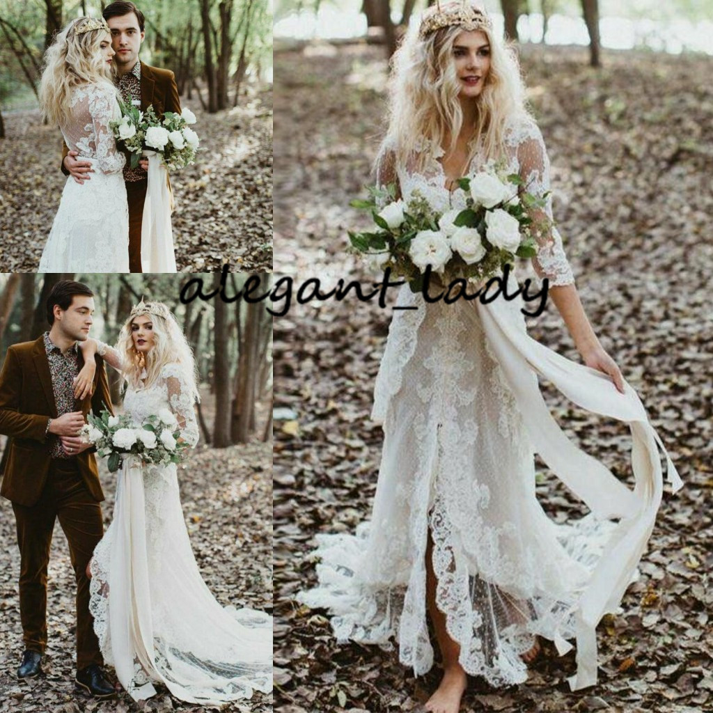 Vintage Bohemian Wedding Dresses with Long Sleeve 2020 Retro Lace Applique Hippie Countryside Bride Gown Split Vestido De Novia