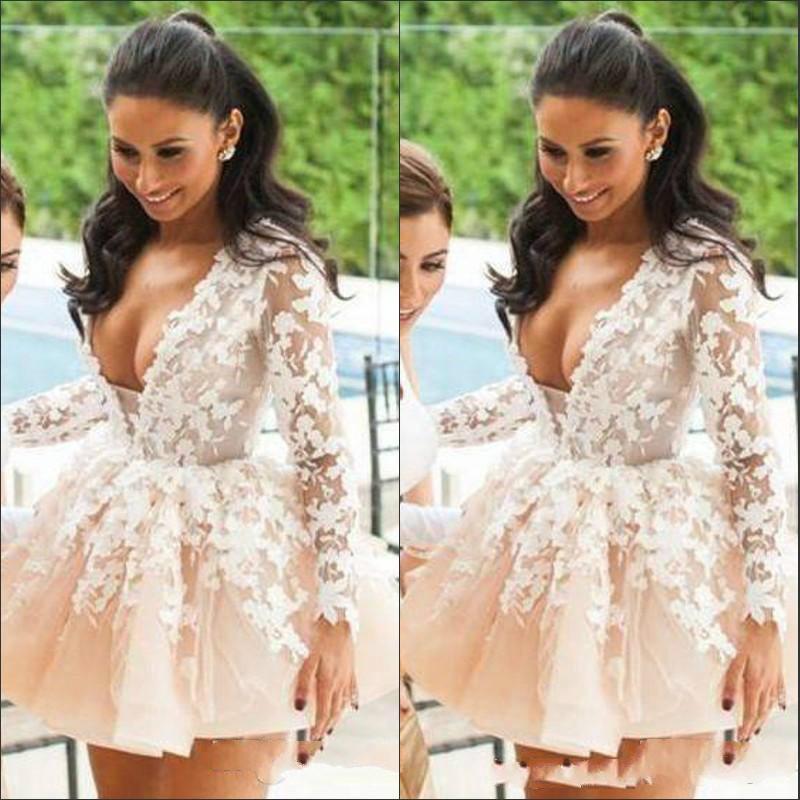 Hot Sale V Neck Short Mini Homecoming Dresses 2020 Long Sleeve Lace Applique Prom Dress Formal Party Evening Gowns Robe De Soiree