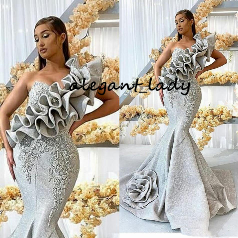 Unique Silver One Shoulder Prom Dresses Long Lace Appliqued Mermaid Evening Dress 2019 Luxury Beaded Ruffles Formal Party Gowns