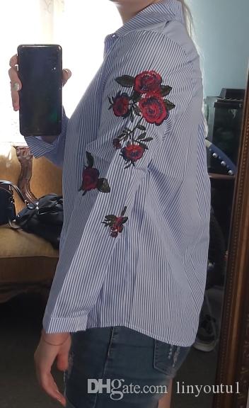 2020 Ih long sleeve rose flower embroidery; White Striped Blouse Women Casual Tops Kimono Office Women Blouses 2019 Spring Plus Size 4XL