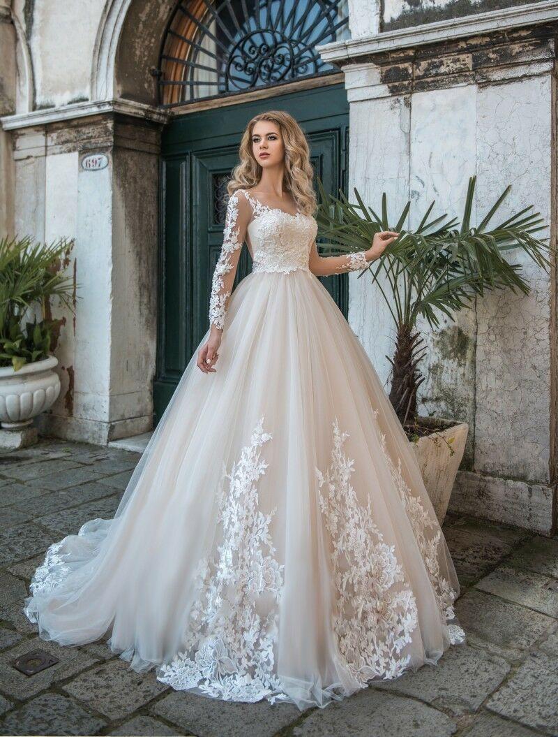 V-Neck Lace Modest Satin A-Line Dresses Sheer Neck Long Sleeves Sweep Train Bridal Gowns Wedding Dress Vestidos