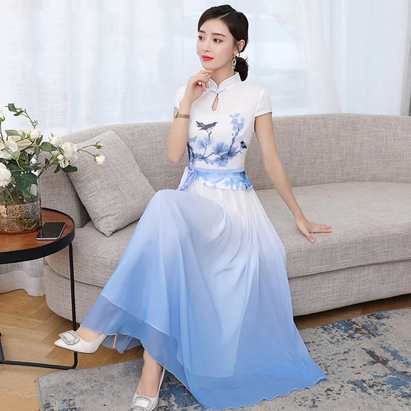 Modern Women retro pattern Printed cheongsam short Sleeve Traditional Qipao oriental gown Asia ethnic clothing elegant dress
