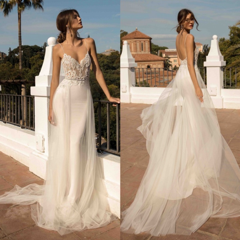 Classy Berta Mermaid Backless Wedding Dresses Spaghetti Straps Beaded Plus Size Lace Bridal Gowns Tulle Trumpet Overskirt Vestido De Novia