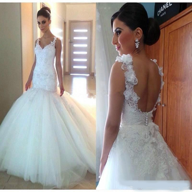 2020 Mermaid Wedding Dresses Lace Applique Sequins Flowers Backless Straps Sweep Train Tulle Custom Made Wedding Gown vestido de novia