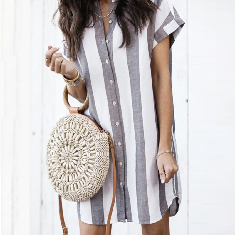 Summer Striped Shirt Dress Women Casual Stand Collar Short Sleeve Straight Dress 2020 New Fashion Beach Loose Mini Short Dresses, Gray
Summer Striped Shirt Dress Women Casual Stand Collar Short Sleeve Straight Dress 2020 New Fashion Beach Loose Mini Short Dresses, Gray