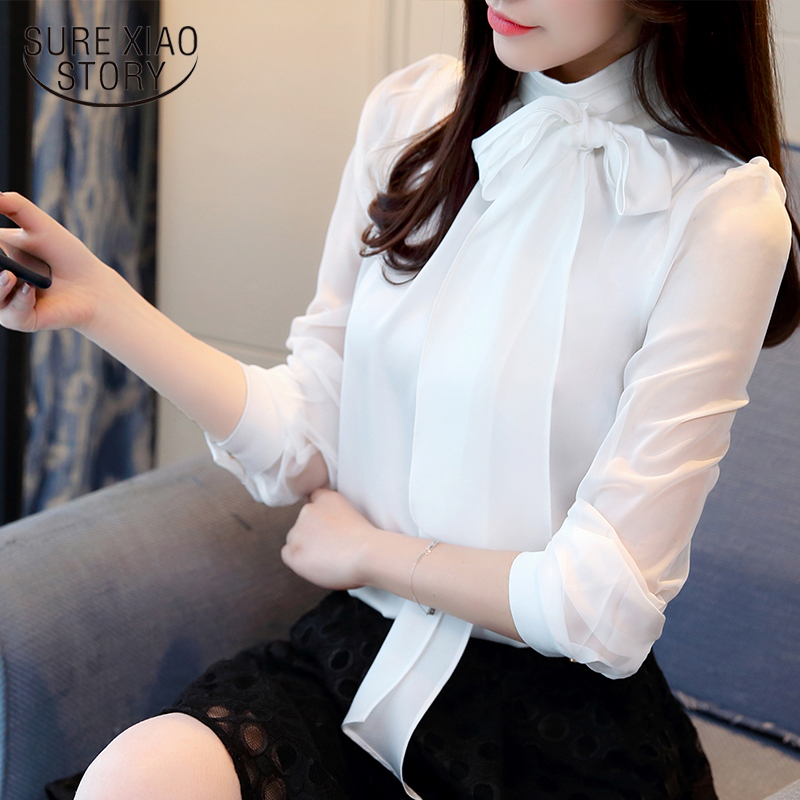 New Summer Fashion Tunic Blouse Long Sleeve Tie Bow Chiffon Turtleneck Formal Women White Black Shirts 0599 30 B4