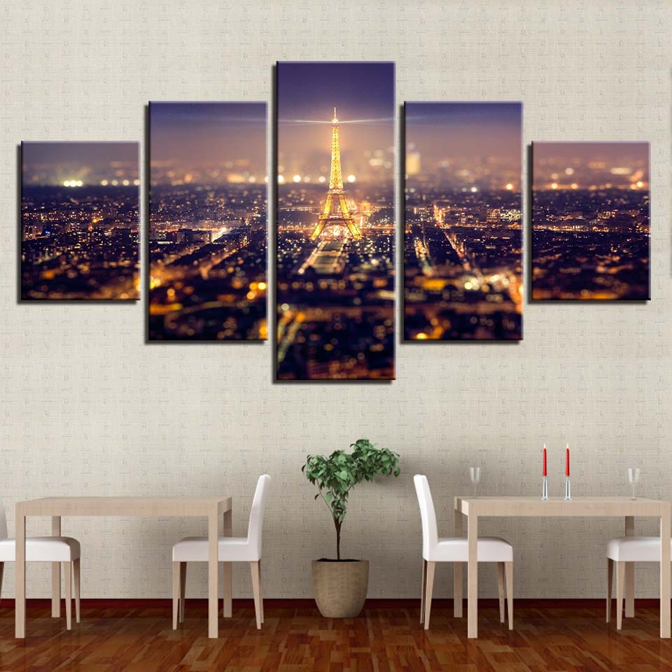 Canvas HD Prints Pictures Wall Art 5 Pieces Beautiful Paris Eiffel Tower City Night Scene Paintings Posters Home Decor No Frame