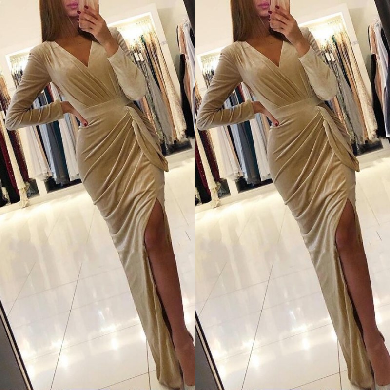Sexy Champagne Velvet Long Sleeve Mermaid Evening Dresses 2020 Modern V Neck Floor Length Side Split Formal Party Gowns, White
Sexy Champagne Velvet Long Sleeve Mermaid Evening Dresses 2020 Modern V Neck Floor Length Side Split Formal Party Gowns, White