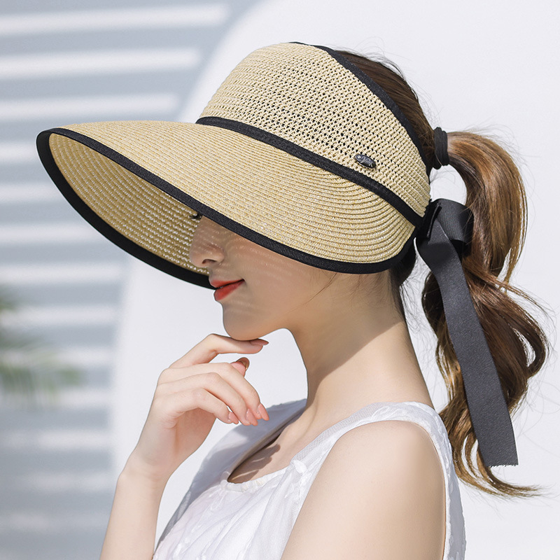 Fashion Women Ladies Summer Large Wide Brim Sun Hat Foldable Roll Up Bowknot Decor Beach Visor Cap Outdoor Travel Cap Empty Hat