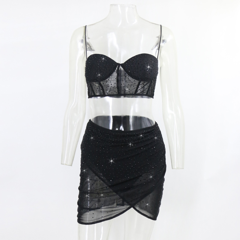 Thereadict Glitter Sexy Two Piece Set Crop Top And Skirt Diamond Party Club 2 Piece Set Women Matching Set Summer Outfits