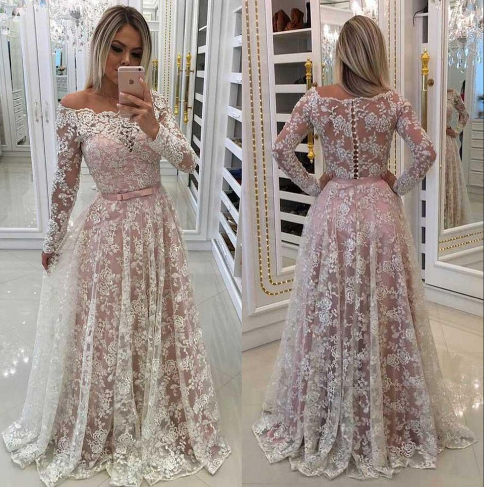 Muslim Off The Shoulder Pink Lace Evening Dresses A-line Long Sleeves Saudi Arabic Dubai Long Evening Formal Party Dress