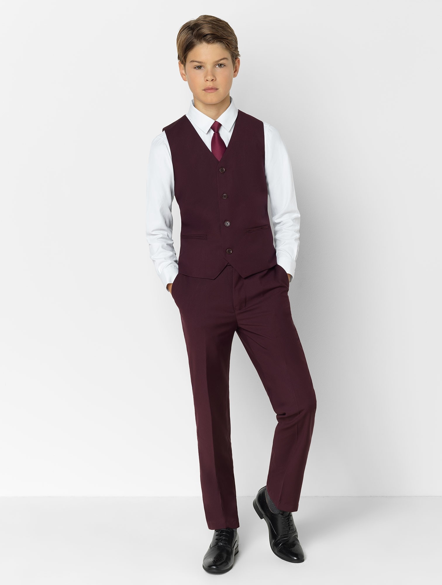 Burgundy Boy Formal Suits Dinner Tuxedos Little Boy Groomsmen Kids Children For Wedding Party Prom Suit Formal Wear (Jackets+Vests+Pants)