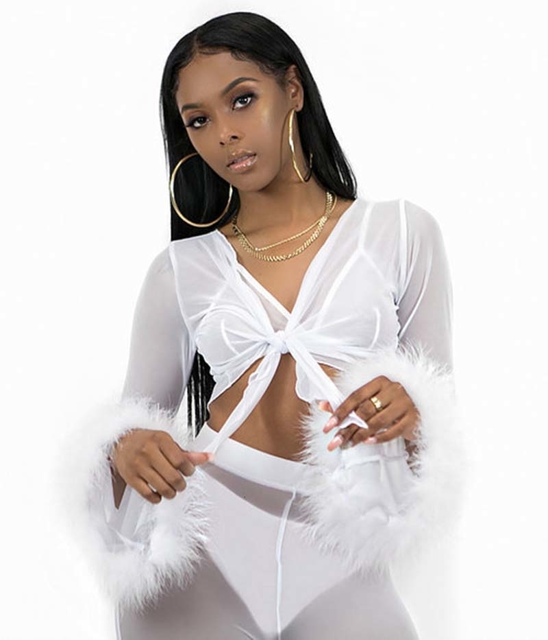 Women's 2-Piece Pink Mesh Tracksuit: Cute Faxu Fur Crop Top And Flare Pants Set For Sexy Party Outfits