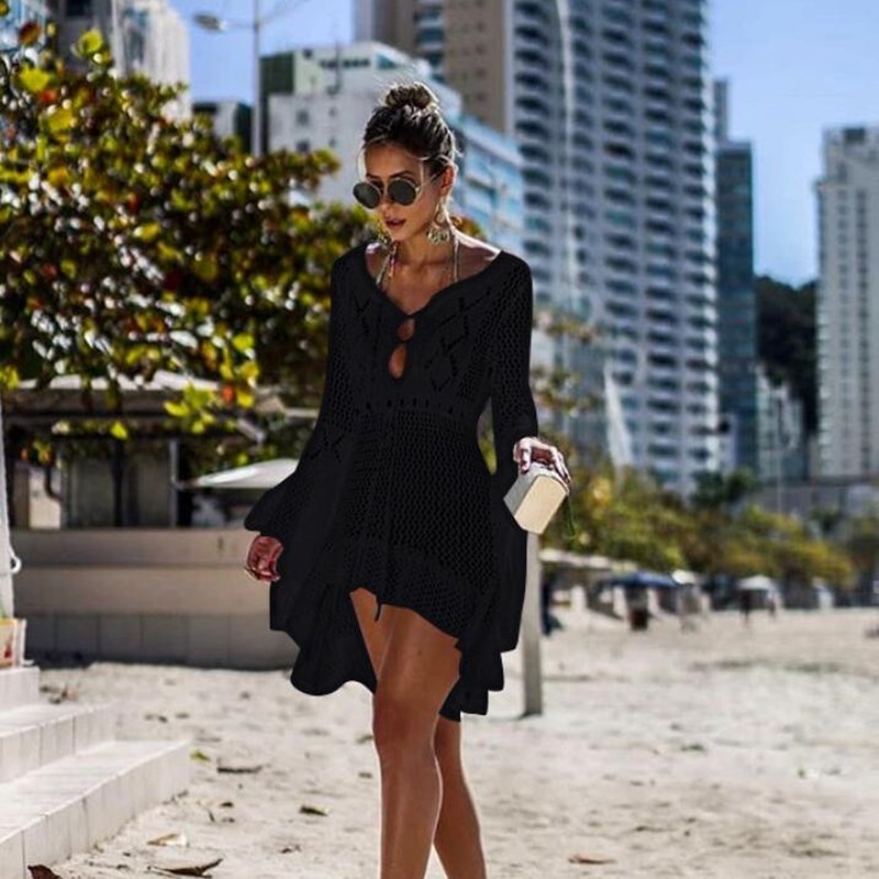 New Crochet For Women Knitted Tassel Tie Beachwear Summer Fashion Swimsuit Cover Up Sexy See-through Beach Dress