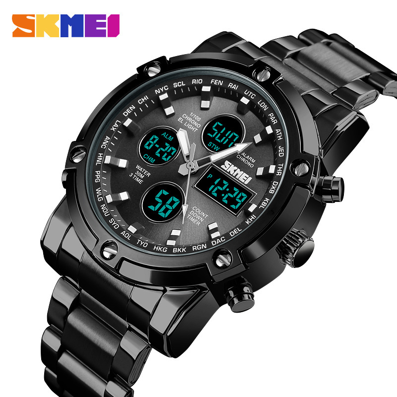 Analog Digital Watches Men Led Full Steel Male Clock Men Military Wristwatch Quartz Sports Watch Reloj Hombre 2018 Skmei Y19051403