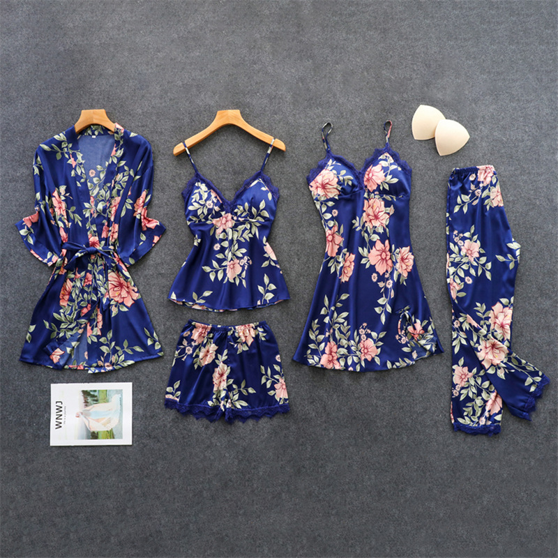 Herislim Women's Pajamas Silk Floral Print 5Pcs Pajama Set Satin Pyjamas With Pants Sexy Lace Trim Pijama Sleepwear Home Clothes, Navy blue dress
Herislim Women's Pajamas Silk Floral Print 5Pcs Pajama Set Satin Pyjamas With Pants Sexy Lace Trim Pijama Sleepwear Home Clothes, Navy blue dress