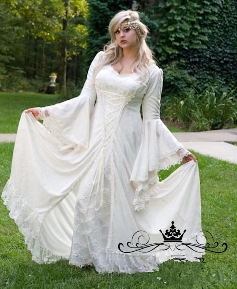 Vintage Lace Gothic Overskirts Wedding Dresses 2019 Plus Size A Line Bell Long Sleeve Bridal Gowns Renaissance Medieval halloween