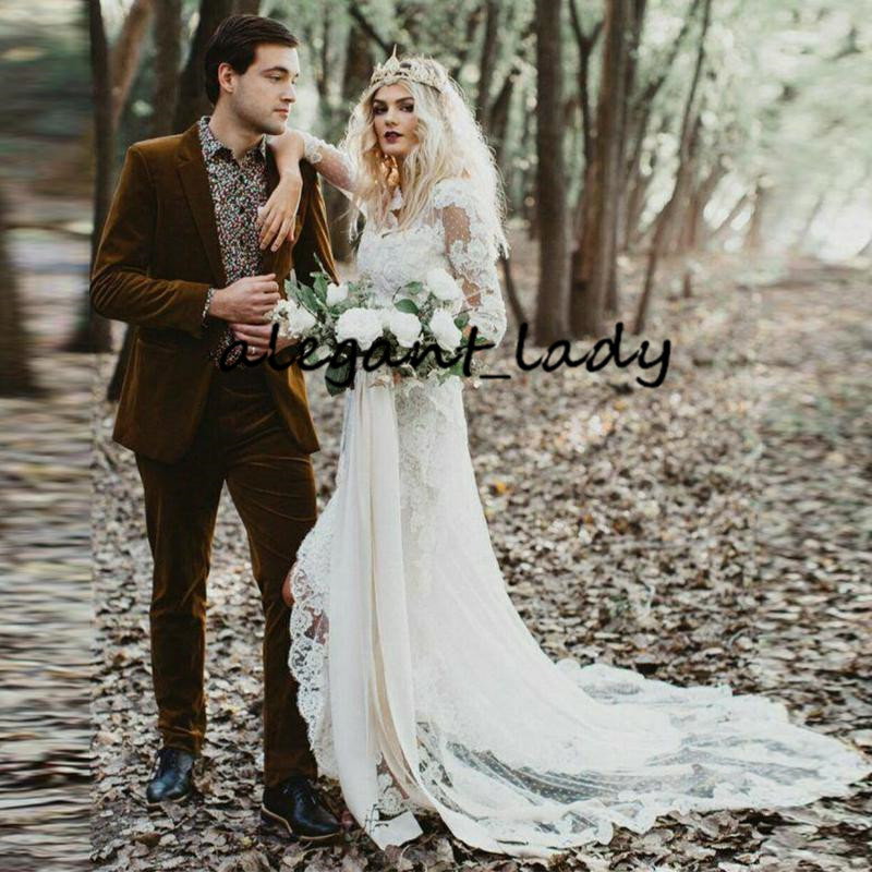 Vintage Bohemian Wedding Dresses with Long Sleeve 2020 Retro Lace Applique Hippie Countryside Bride Gown Split Vestido De Novia